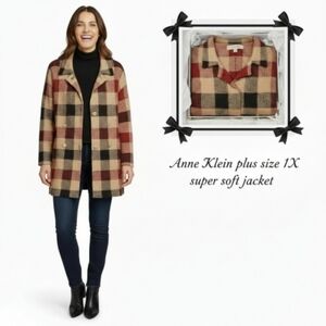 ANNE KLEIN Plus Size Multi Color Plaid Long Blazer Jacket. 1X NWOT